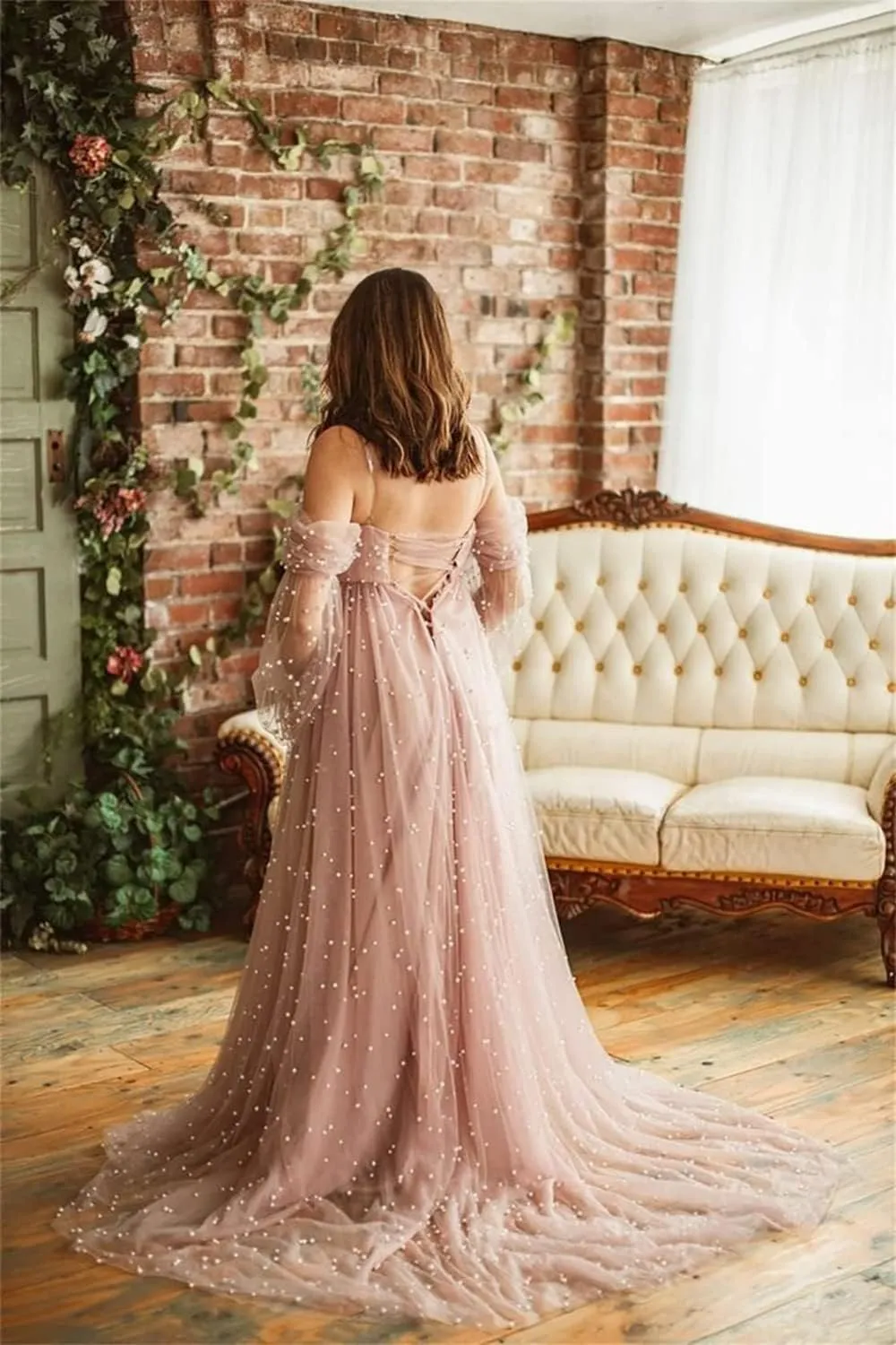 Tianzhihe Pearl Tulle Maternity Dresses for Photoshoot Long Puffy Sleeve Tulle Robe Bridal Baby Shower Pregnancy Gowns