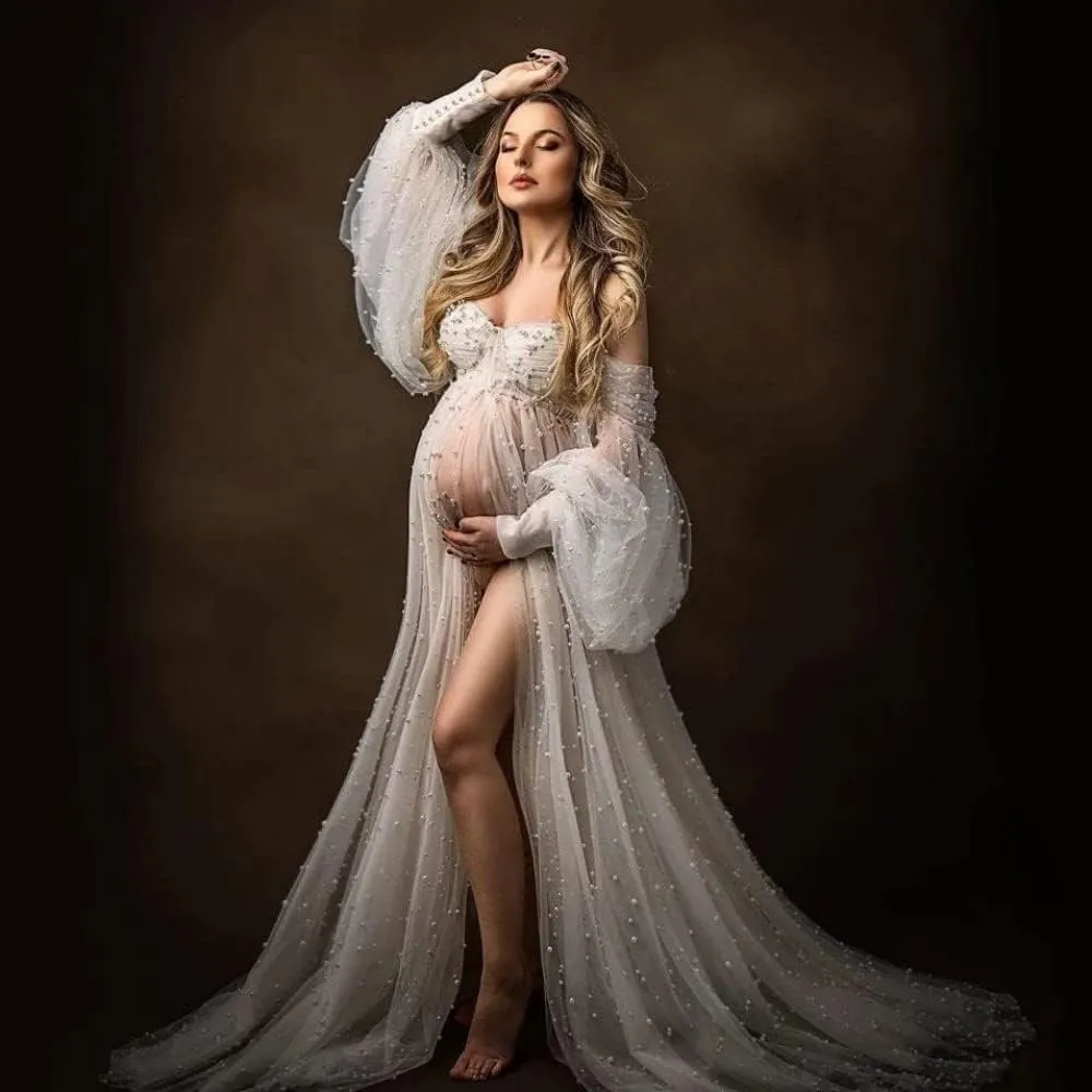 Tianzhihe Pearl Tulle Maternity Dresses for Photoshoot Long Puffy Sleeve Tulle Robe Bridal Baby Shower Pregnancy Gowns