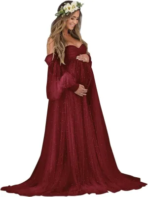 Tianzhihe Pearl Tulle Maternity Dresses for Photoshoot Long Puffy Sleeve Tulle Robe Bridal Baby Shower Pregnancy Gowns