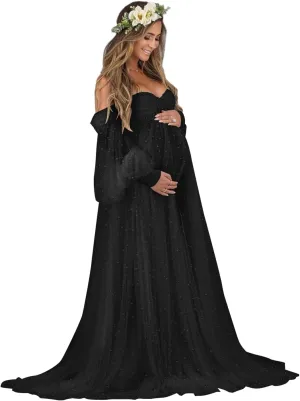 Tianzhihe Pearl Tulle Maternity Dresses for Photoshoot Long Puffy Sleeve Tulle Robe Bridal Baby Shower Pregnancy Gowns