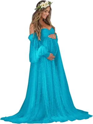 Tianzhihe Pearl Tulle Maternity Dresses for Photoshoot Long Puffy Sleeve Tulle Robe Bridal Baby Shower Pregnancy Gowns