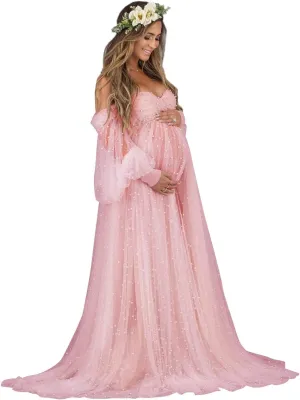 Tianzhihe Pearl Tulle Maternity Dresses for Photoshoot Long Puffy Sleeve Tulle Robe Bridal Baby Shower Pregnancy Gowns