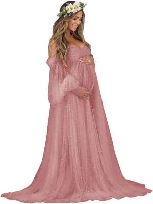 Tianzhihe Pearl Tulle Maternity Dresses for Photoshoot Long Puffy Sleeve Tulle Robe Bridal Baby Shower Pregnancy Gowns