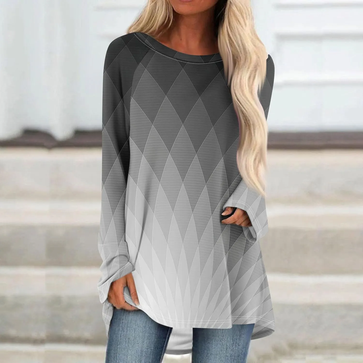 Tops For Women Trendy Print Crewneck Long Sleeve Shirts Plus Size Tunics Or Tops To Wear With Leggings