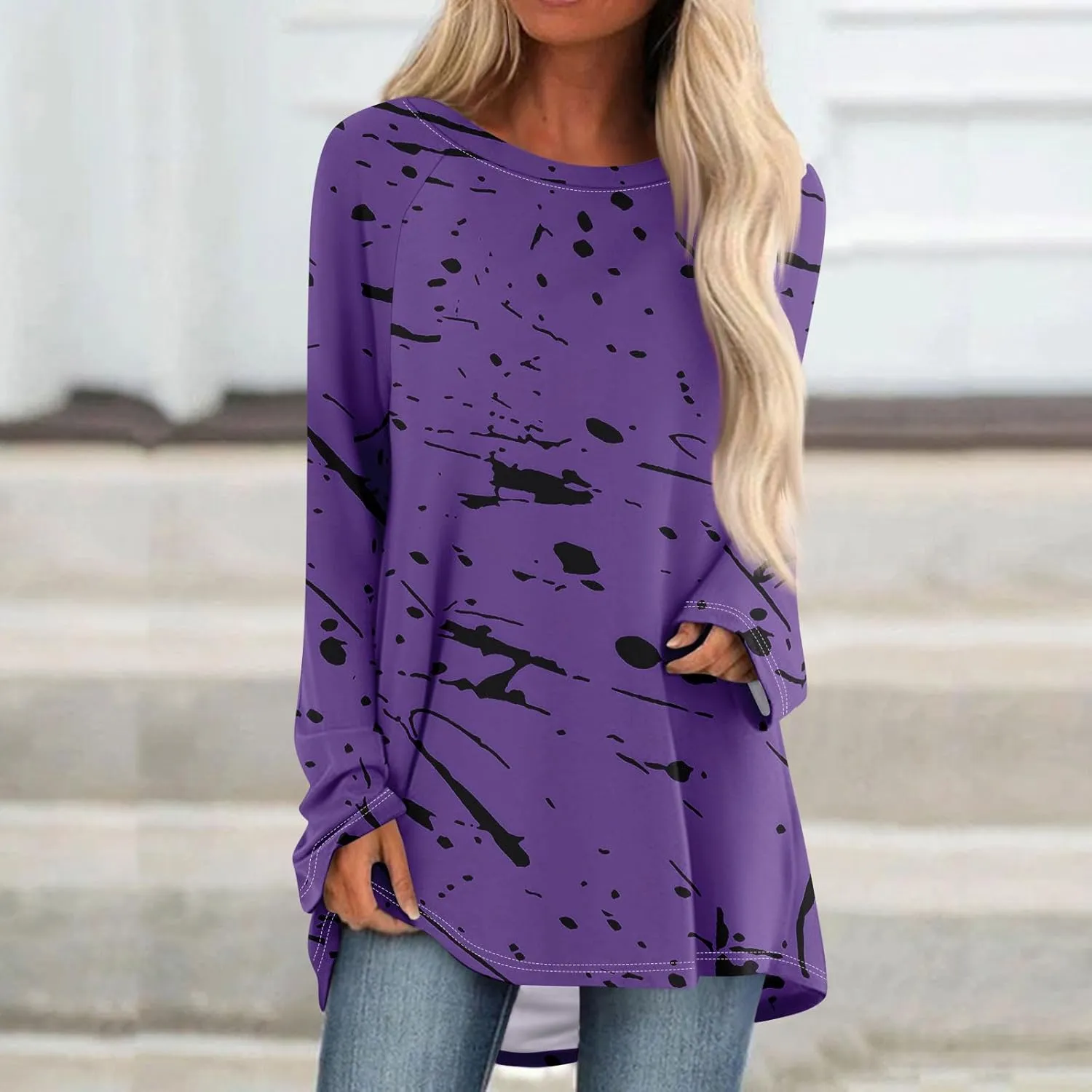 Tops For Women Trendy Print Crewneck Long Sleeve Shirts Plus Size Tunics Or Tops To Wear With Leggings
