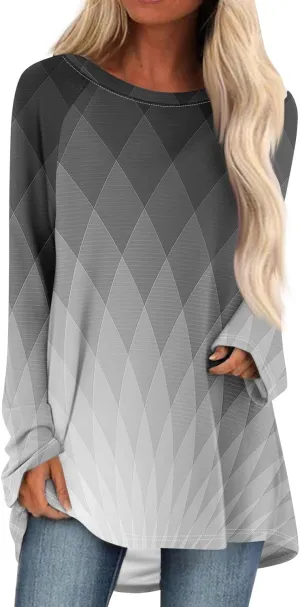 Tops For Women Trendy Print Crewneck Long Sleeve Shirts Plus Size Tunics Or Tops To Wear With Leggings
