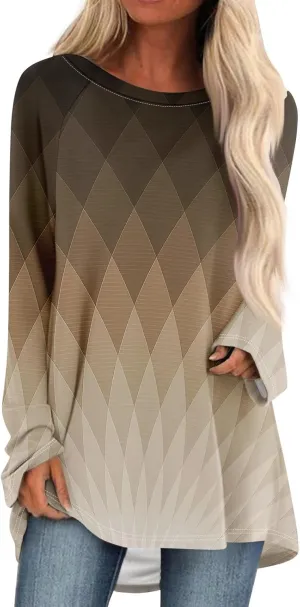 Tops For Women Trendy Print Crewneck Long Sleeve Shirts Plus Size Tunics Or Tops To Wear With Leggings