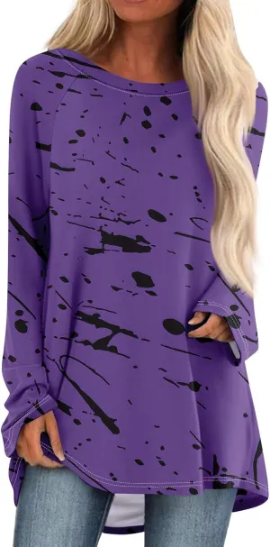 Tops For Women Trendy Print Crewneck Long Sleeve Shirts Plus Size Tunics Or Tops To Wear With Leggings