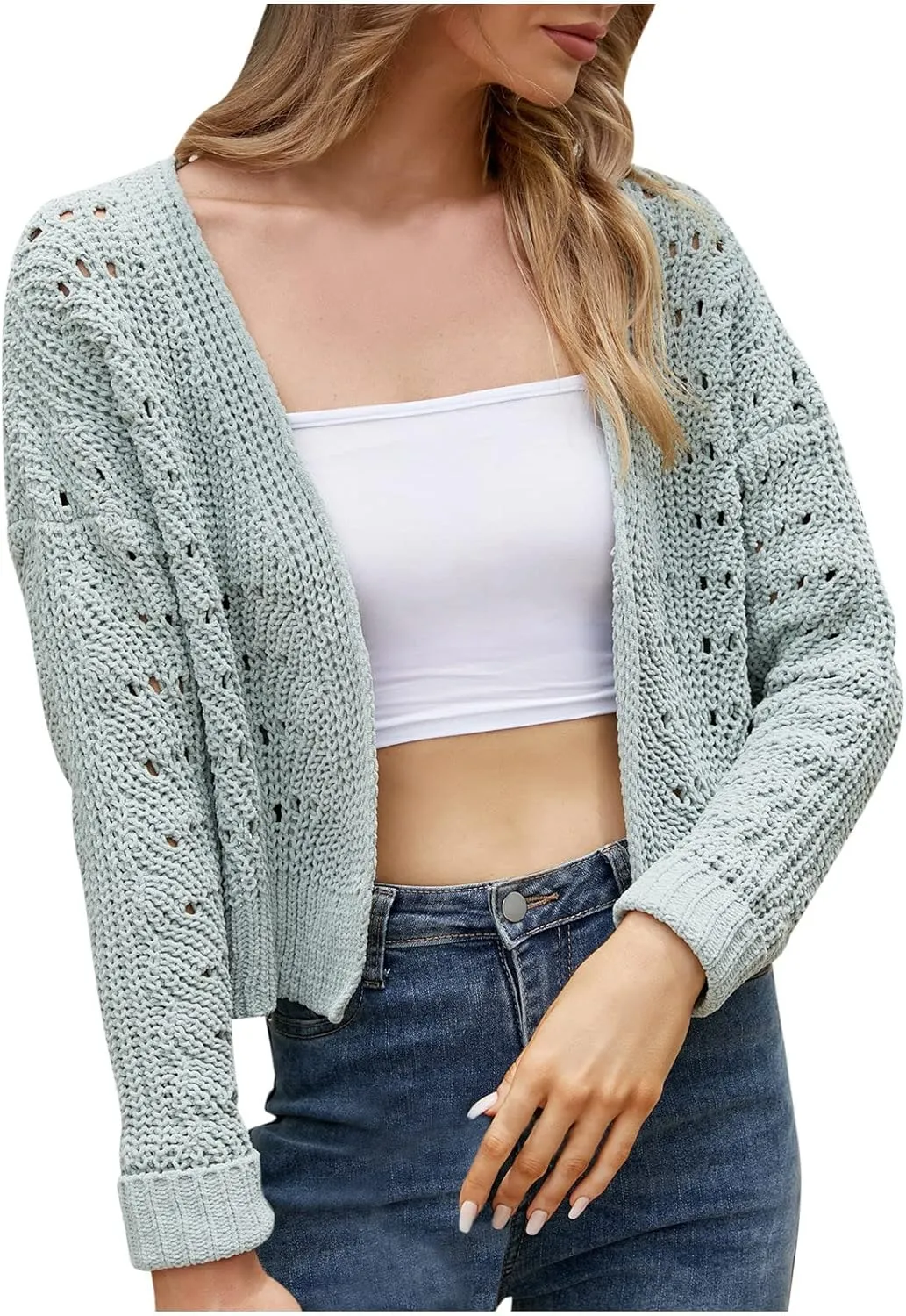 tuduoms Womens Classic Long Sleeve Bolero Shrug Open Front Chunky Knit Cropped Cardigan Sweater Trendy Light Crop Jacket Coat