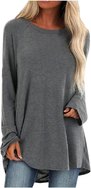 Tunic Tops for Women Loose Fit Dressy Long Sleeve Crew Neck T Shirts Oversized Casual Blouse Swing Flare Pullover