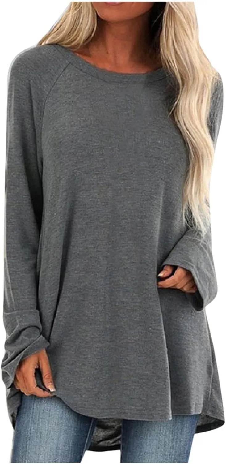 Tunic Tops for Women Loose Fit Dressy Long Sleeve Crew Neck T Shirts Oversized Casual Blouse Swing Flare Pullover
