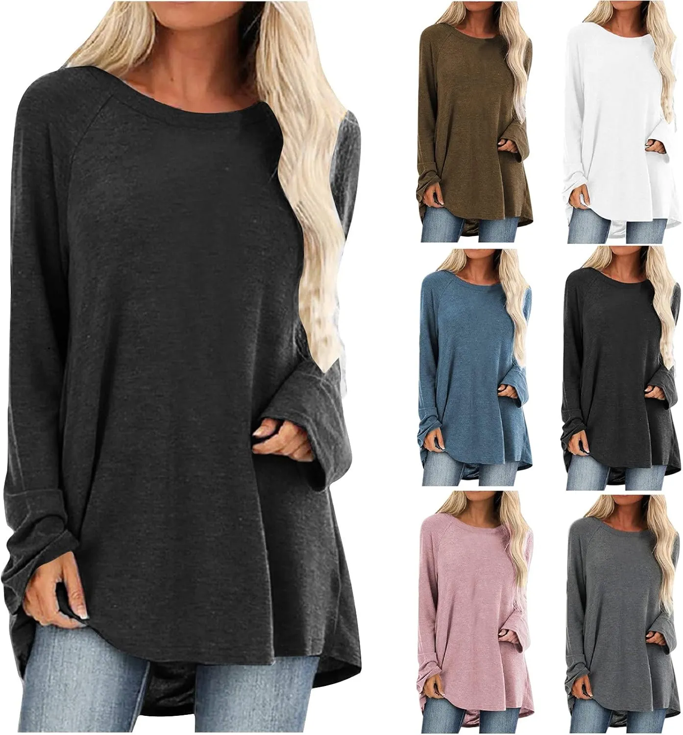 Tunic Tops for Women Loose Fit Dressy Long Sleeve Crew Neck T Shirts Oversized Casual Blouse Swing Flare Pullover