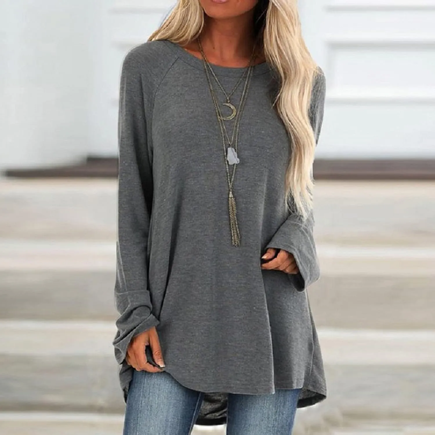 Tunic Tops for Women Loose Fit Dressy Long Sleeve Crew Neck T Shirts Oversized Casual Blouse Swing Flare Pullover