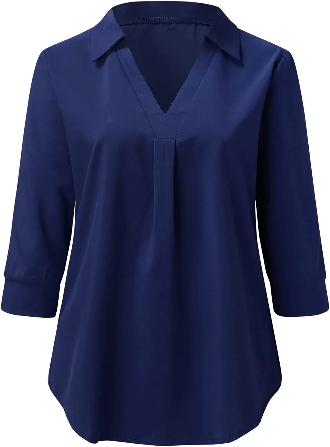 V Neck Long Sleeve Shirts for Women Trendy Solid Elegant Lapel Collared 3/4 Length Sleeve Chiffon Shirts Blouse