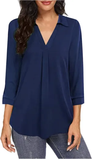 V Neck Long Sleeve Shirts for Women Trendy Solid Elegant Lapel Collared 3/4 Length Sleeve Chiffon Shirts Blouse