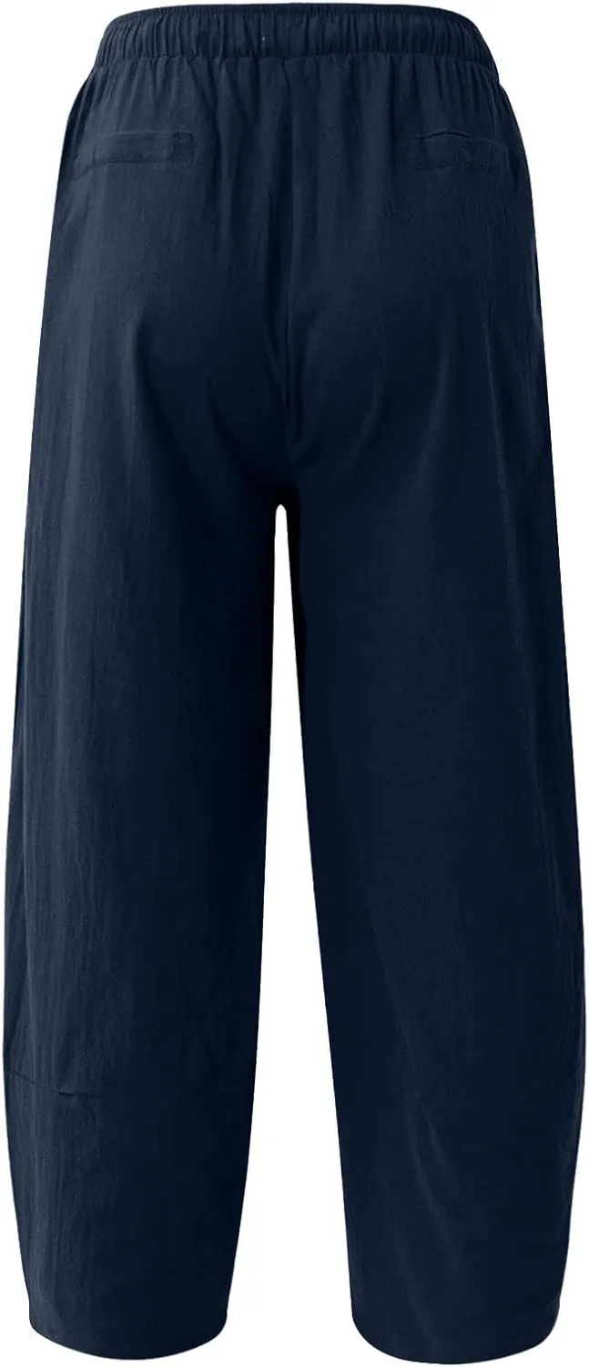 WENKOMG1 Cotton Linen Trousers for Men,Drawstring Baggy Style Yoga Pants Loose Fit Bottoms Lightweight Breathable Slacks