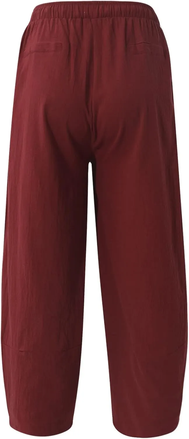WENKOMG1 Cotton Linen Trousers for Men,Drawstring Baggy Style Yoga Pants Loose Fit Bottoms Lightweight Breathable Slacks