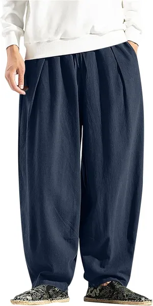 WENKOMG1 Cotton Linen Trousers for Men,Drawstring Baggy Style Yoga Pants Loose Fit Bottoms Lightweight Breathable Slacks