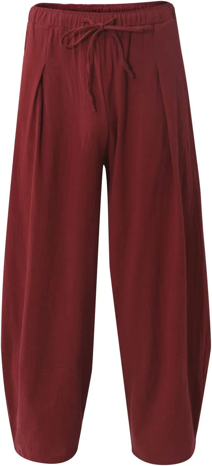 WENKOMG1 Cotton Linen Trousers for Men,Drawstring Baggy Style Yoga Pants Loose Fit Bottoms Lightweight Breathable Slacks