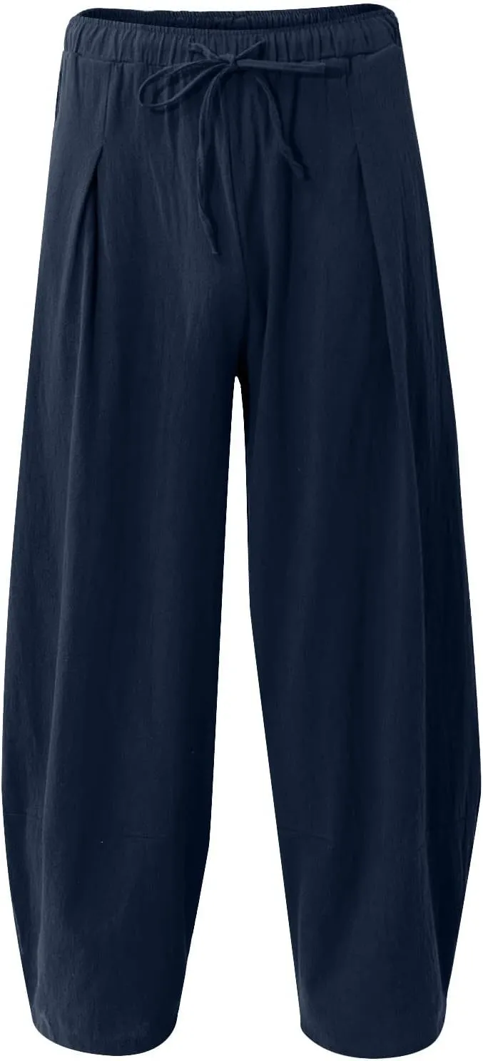 WENKOMG1 Cotton Linen Trousers for Men,Drawstring Baggy Style Yoga Pants Loose Fit Bottoms Lightweight Breathable Slacks