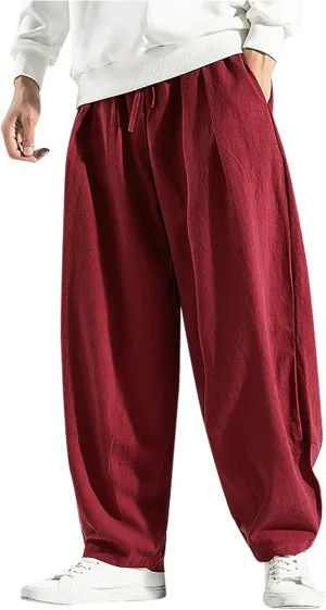 WENKOMG1 Cotton Linen Trousers for Men,Drawstring Baggy Style Yoga Pants Loose Fit Bottoms Lightweight Breathable Slacks