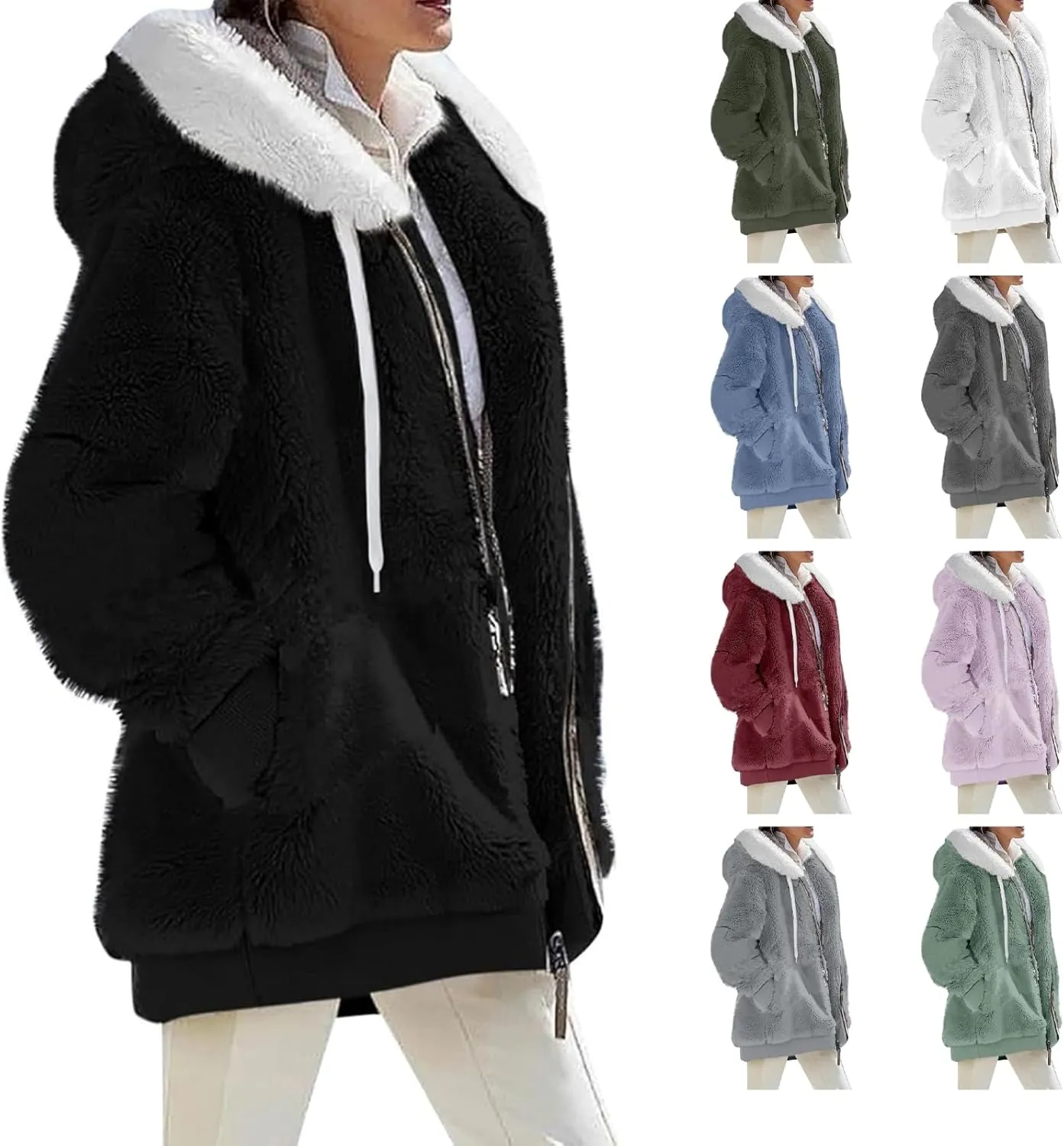 Winter Coats for Women 2024 Zip up Long Sleeve Casual Warm Fuzzy Hooded Jackets Loose Fit Soft Comfy Coats