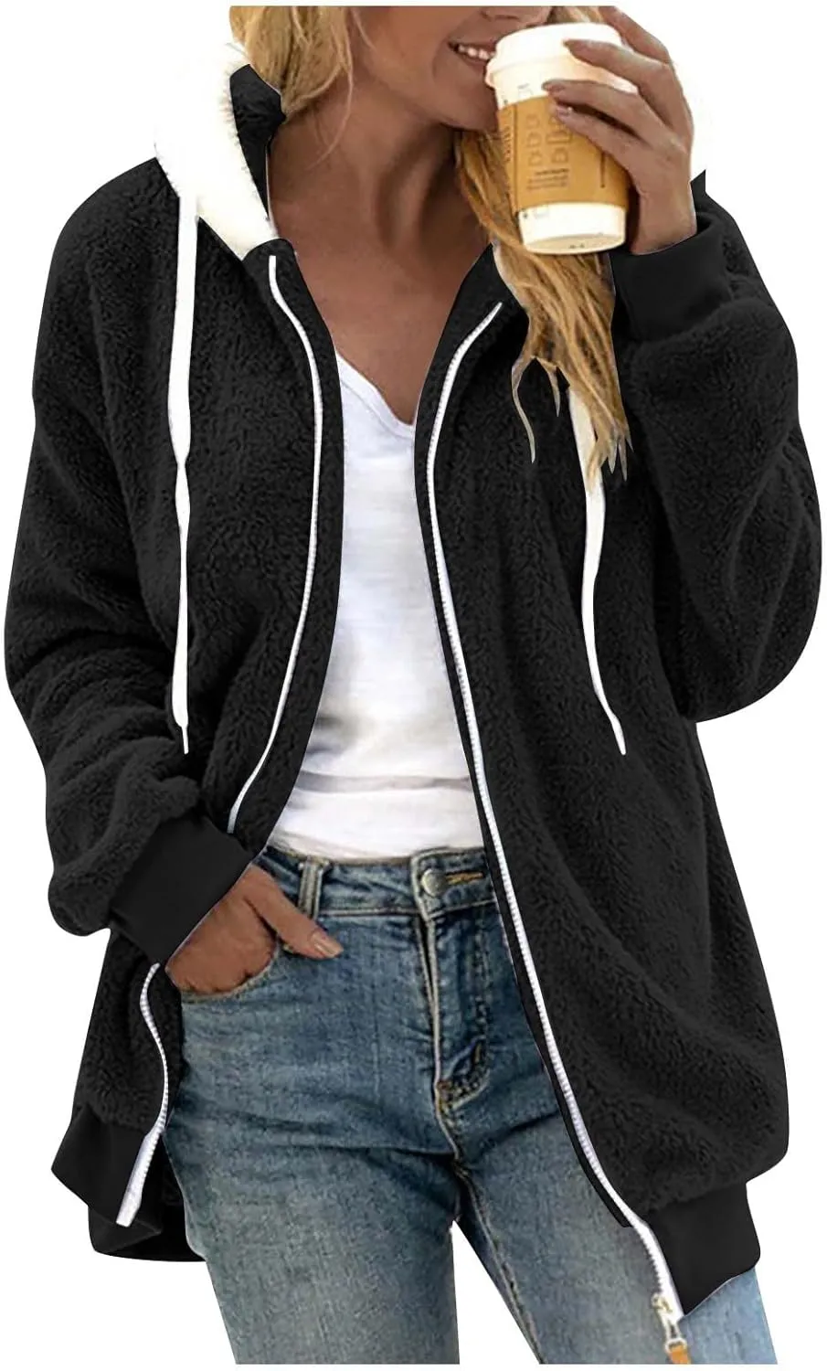 Winter Coats for Women 2024 Zip up Long Sleeve Casual Warm Fuzzy Hooded Jackets Loose Fit Soft Comfy Coats