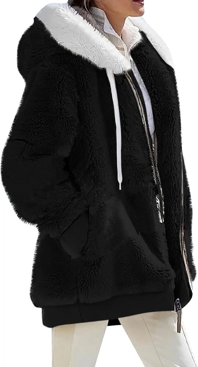 Winter Coats for Women 2024 Zip up Long Sleeve Casual Warm Fuzzy Hooded Jackets Loose Fit Soft Comfy Coats