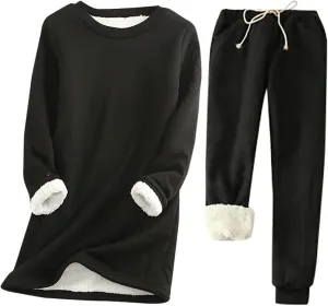 Winter Lounge Sets for Women Cozy Warm Two Piece Outfits Fuzzy Fleece Lined Long Sleeve Pullover with Pants