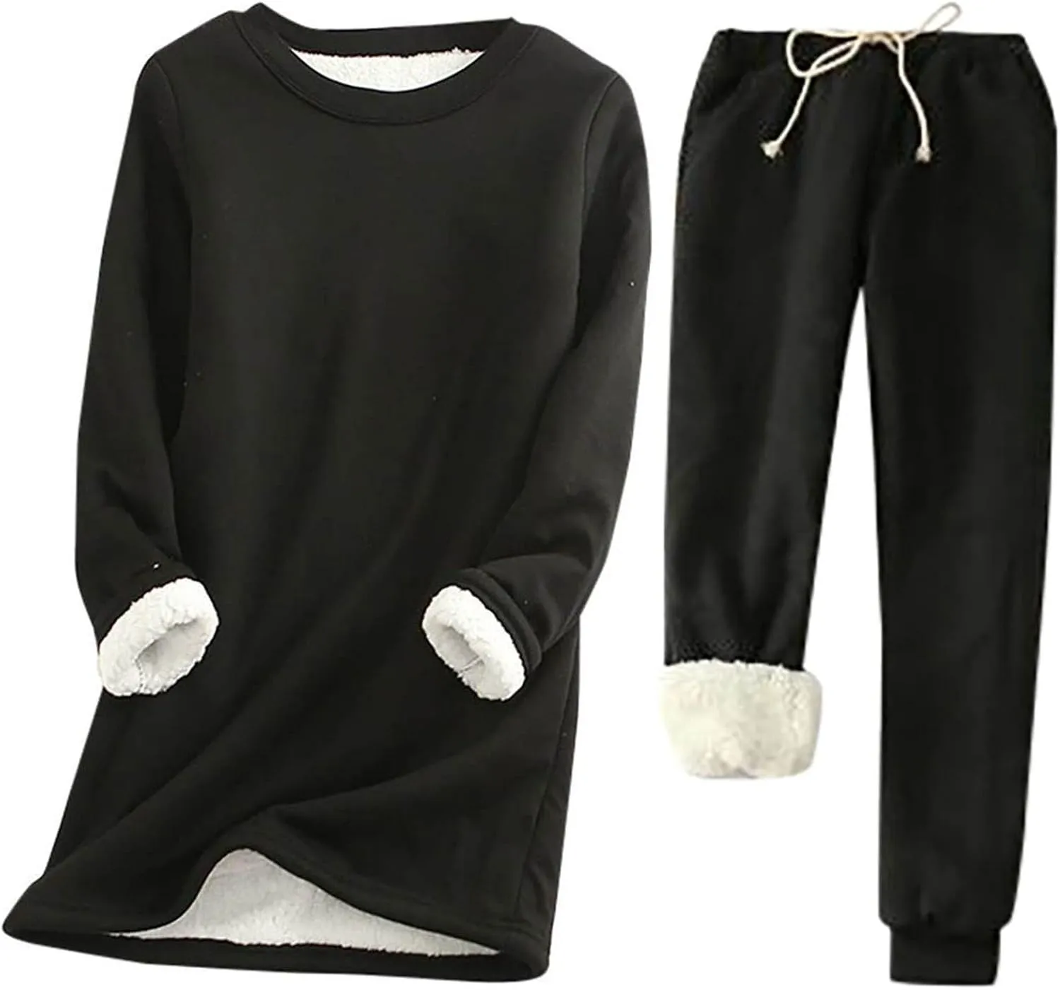 Winter Lounge Sets for Women Cozy Warm Two Piece Outfits Fuzzy Fleece Lined Long Sleeve Pullover with Pants