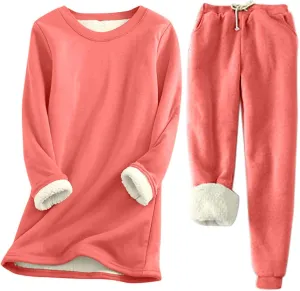 Winter Lounge Sets for Women Cozy Warm Two Piece Outfits Fuzzy Fleece Lined Long Sleeve Pullover with Pants