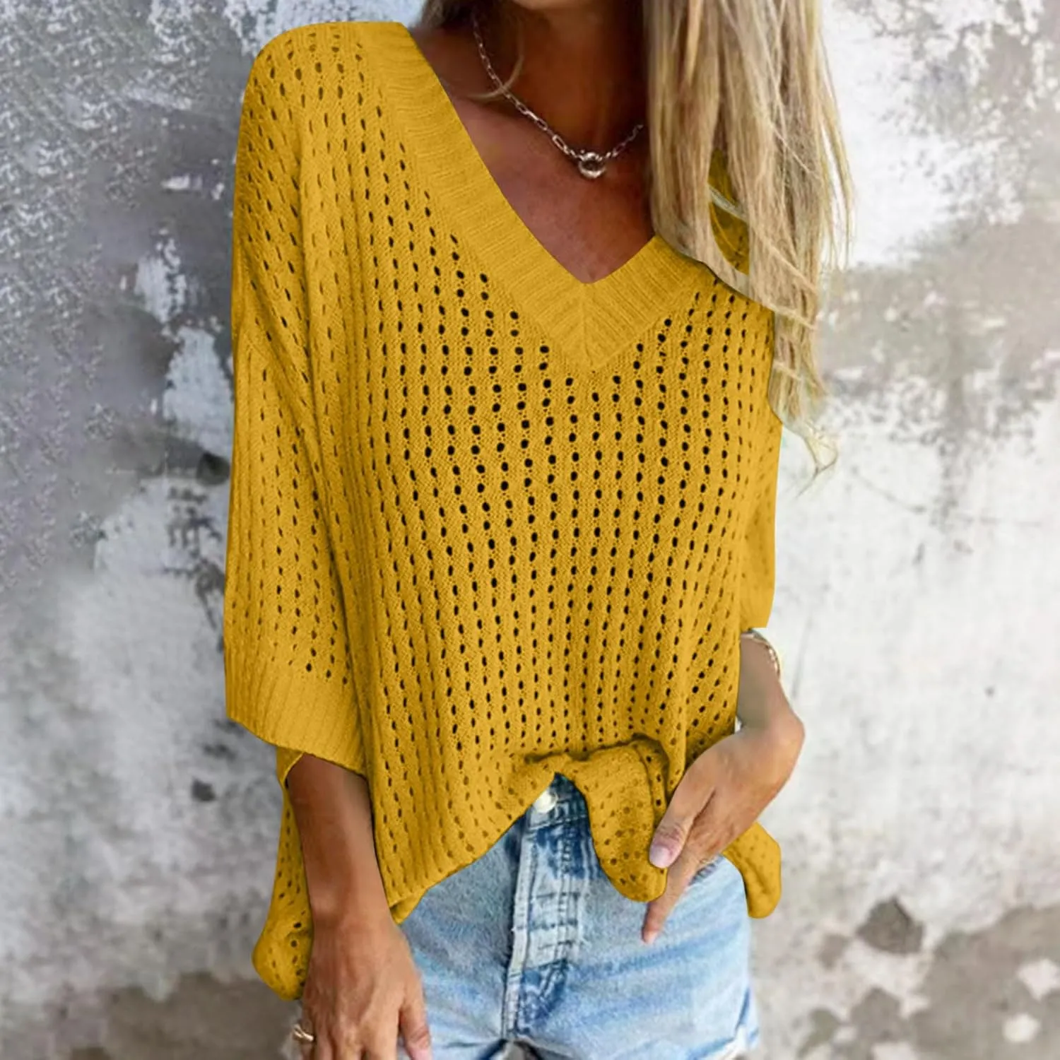 Wkishenl Womens Oversized Crochet Sweaters Casual Hollow Out Knit Tops Trendy Long Sleeve V-Neck Solid Color Pullover Shirts