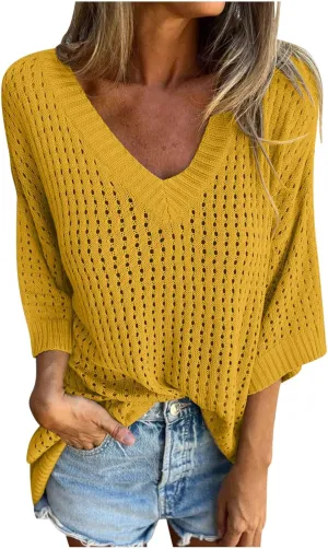 Wkishenl Womens Oversized Crochet Sweaters Casual Hollow Out Knit Tops Trendy Long Sleeve V-Neck Solid Color Pullover Shirts