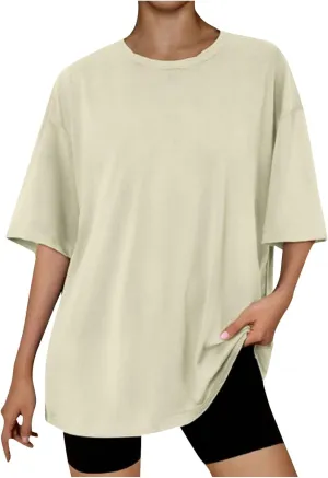 Women Drop Shoulder Short Sleeve Tshirts Oversized Crew Neck Tops Workout Solid Comfy Tees Summer Daily Tunics