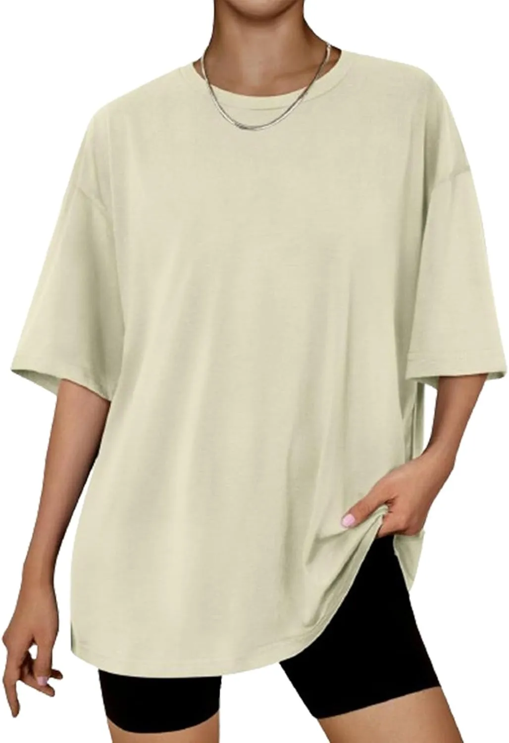 Women Drop Shoulder Short Sleeve Tshirts Oversized Crew Neck Tops Workout Solid Comfy Tees Summer Daily Tunics