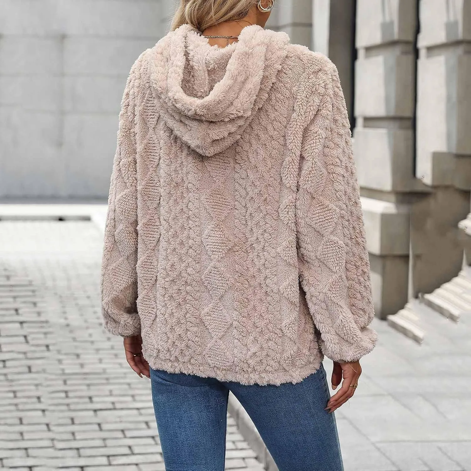 Women Fluffy Soft Fleece Hooded Sweatshirt Winter Warm Coat Outwear Zipper Pockets Fuzzy Pullover Hoodies Tops