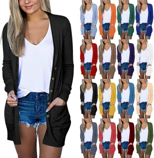 Women Open Front Cardigan Sweaters Buttons Long Sleeve Outerwear Coat with Pockets Lightweight Winter Fall Sweater