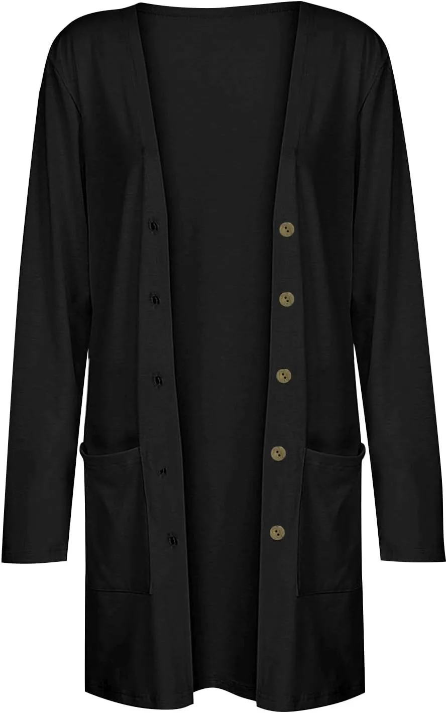 Women Open Front Cardigan Sweaters Buttons Long Sleeve Outerwear Coat with Pockets Lightweight Winter Fall Sweater