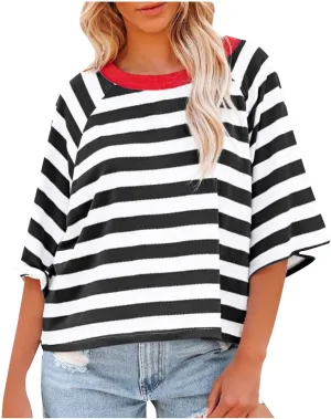 Women Striped Color Block T-Shirts Oversized Baggy Crew Neck Basic Cotton Preppy Shirt 3/4 Sleeve Casual Fall Tops