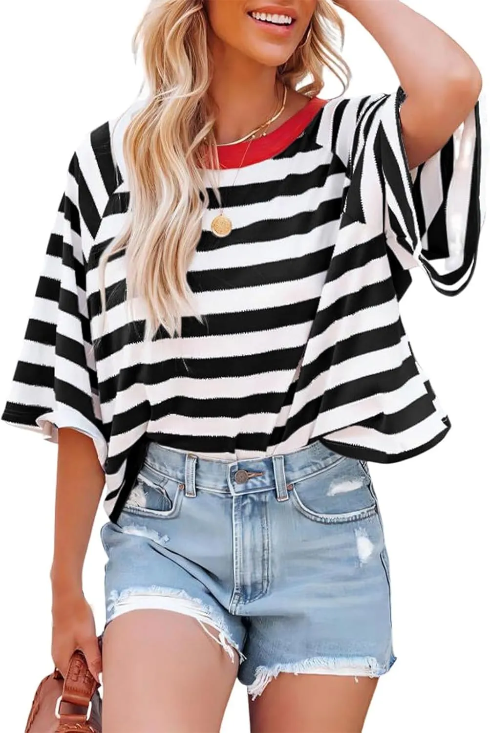 Women Striped Color Block T-Shirts Oversized Baggy Crew Neck Basic Cotton Preppy Shirt 3/4 Sleeve Casual Fall Tops