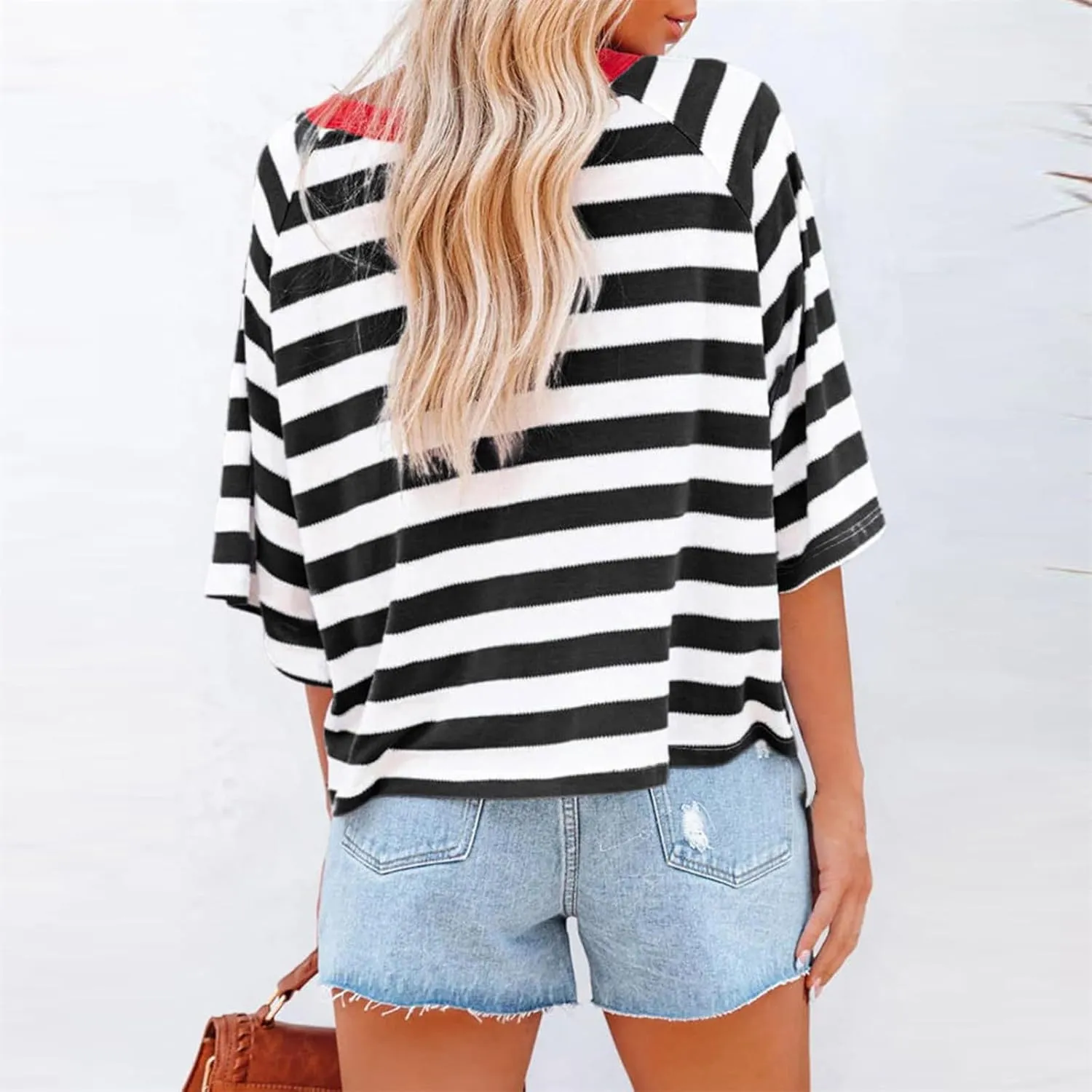 Women Striped Color Block T-Shirts Oversized Baggy Crew Neck Basic Cotton Preppy Shirt 3/4 Sleeve Casual Fall Tops