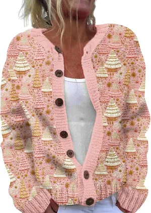 Womens 2024 Fall Winter Fshion Floral Print V Neck Cardigans Open Front Button Down Knit Sweater Long Sleeve