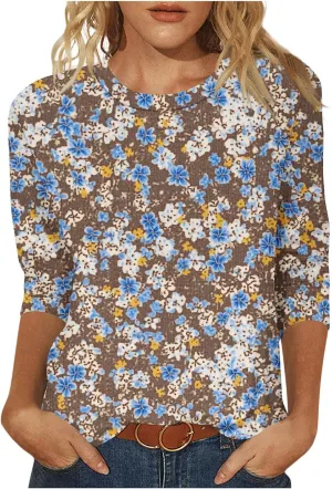 Women's 3/4 Length Sleeve Tops Casual Round Neck Tunic Shirts Spring Summer Basic Tees Loose Fit Business Work Blouse