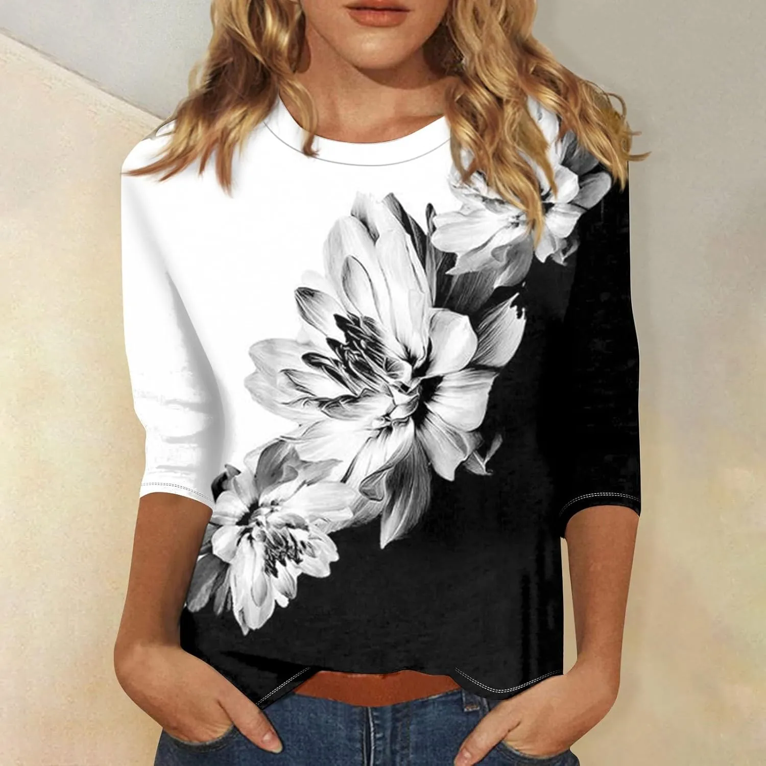 Womens 3/4 Sleeve Tops 2025 Spring Print Round Neck Shirts Loose Fit Three Quarter Sleeve Tshirts