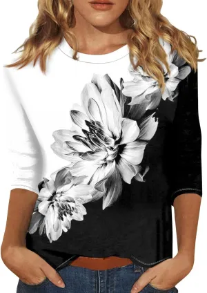 Womens 3/4 Sleeve Tops 2025 Spring Print Round Neck Shirts Loose Fit Three Quarter Sleeve Tshirts