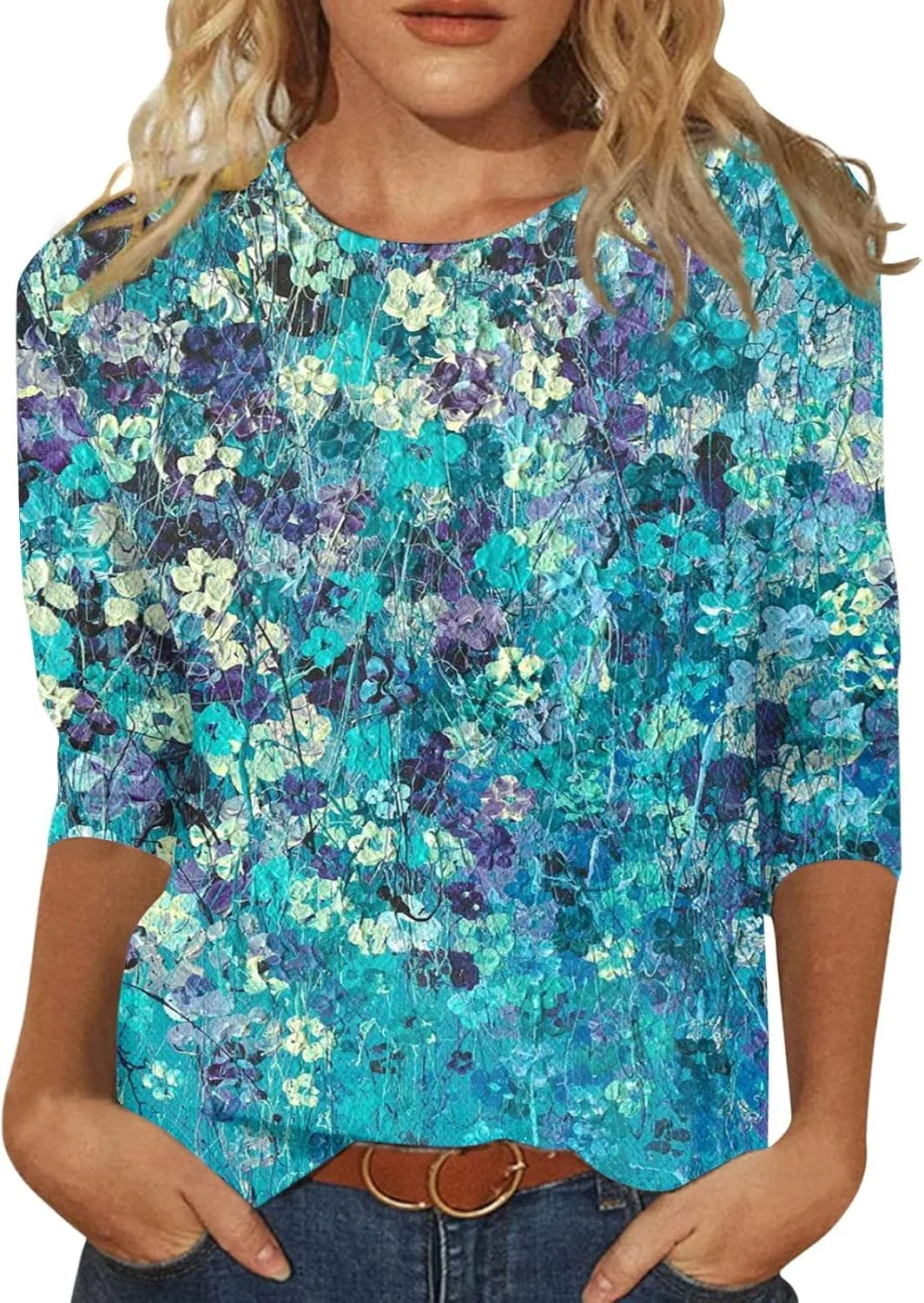 Womens 3/4 Sleeve Tops 2025 Summer Floral Print Round Neck Shirts Loose Fit Three Quarter Sleeve Tshirts