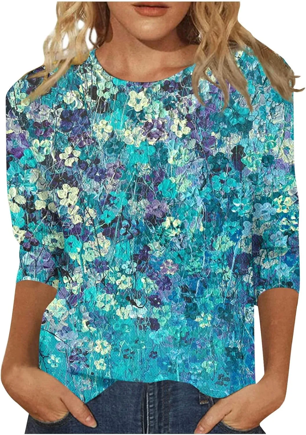 Womens 3/4 Sleeve Tops 2025 Summer Floral Print Round Neck Shirts Loose Fit Three Quarter Sleeve Tshirts