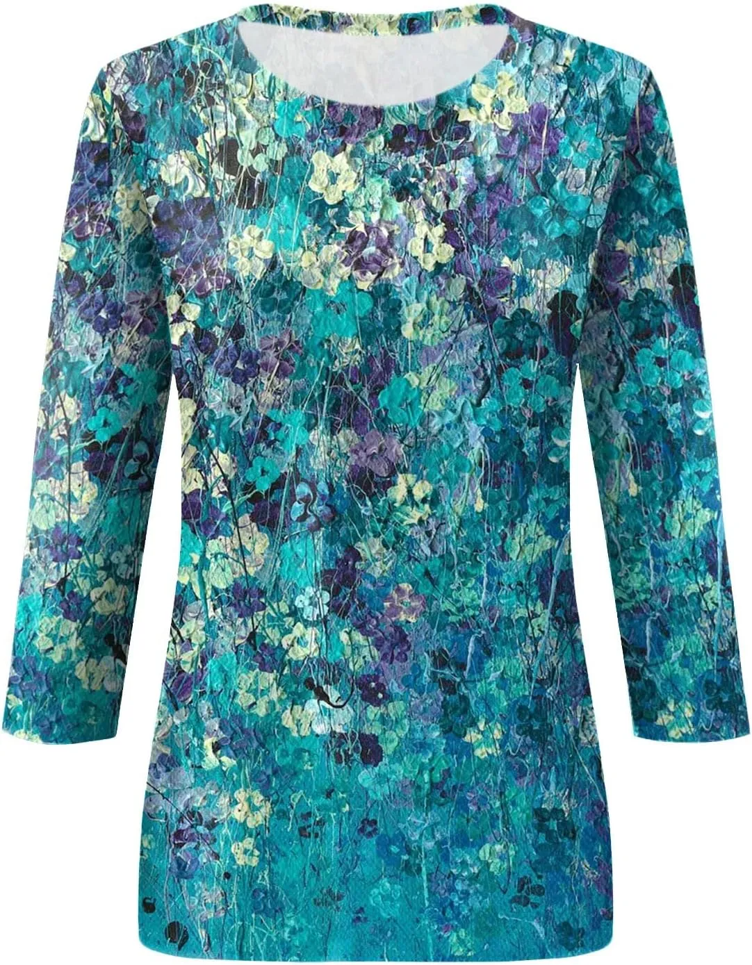 Womens 3/4 Sleeve Tops 2025 Summer Floral Print Round Neck Shirts Loose Fit Three Quarter Sleeve Tshirts