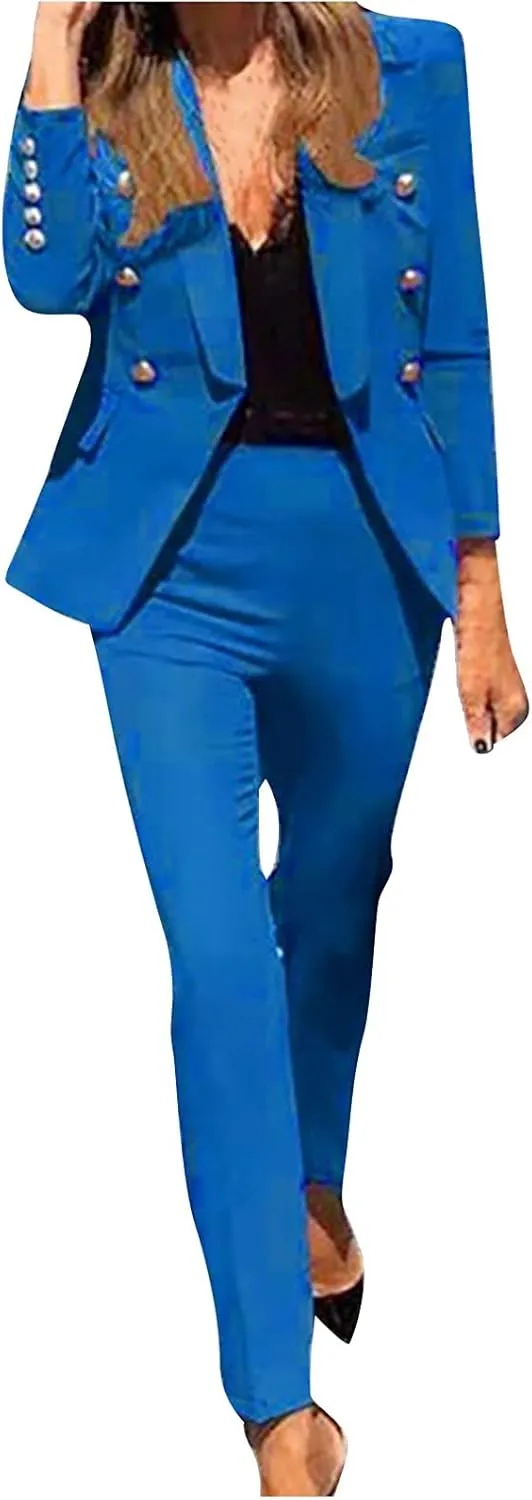 Women's Blazer Suits Two Piece Business Casual Sets Lapel V Neck Suit Coat with Fitted Pants for Work