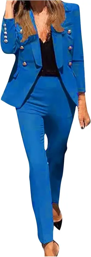Women's Blazer Suits Two Piece Business Casual Sets Lapel V Neck Suit Coat with Fitted Pants for Work